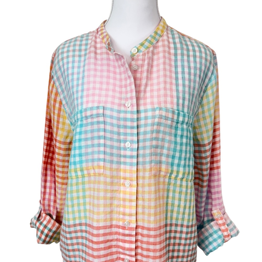 Lands End Women's Rainbow Plaid Linen Roll Tab Button Up Top M Beachy Lagenlook - Picture 5 of 11